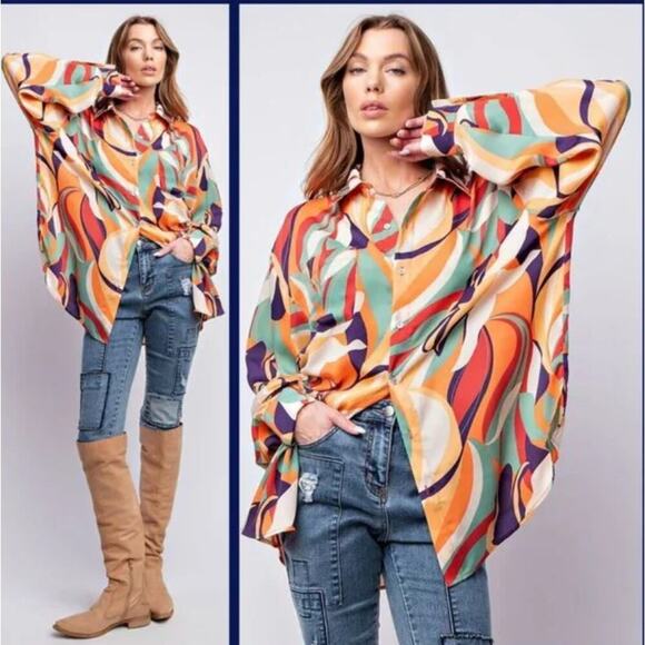 New EASEL Satin Geo Print Vibrant Colored Button Up Collared Tunic 1x - Picture 3 of 15